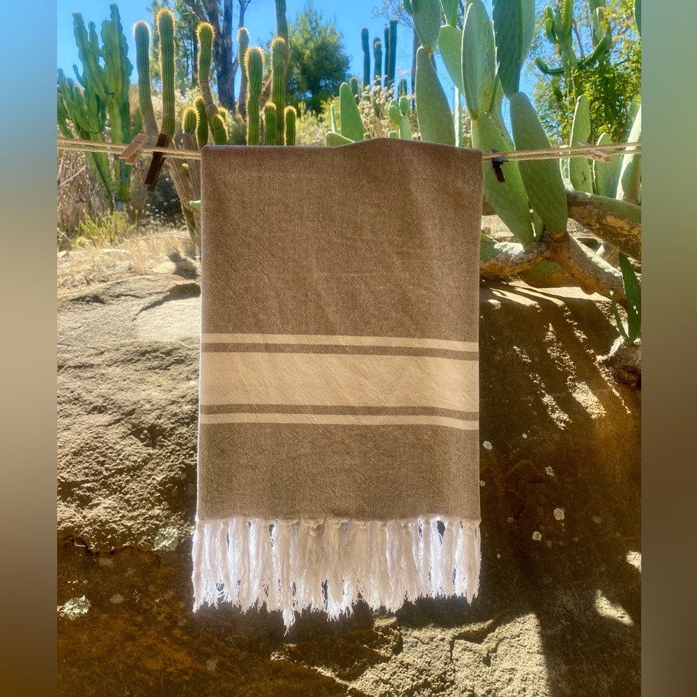 💙 Large Lux Linen Cotton Blue Gray Lightweight Bath Beach Tassels Luxury Towel